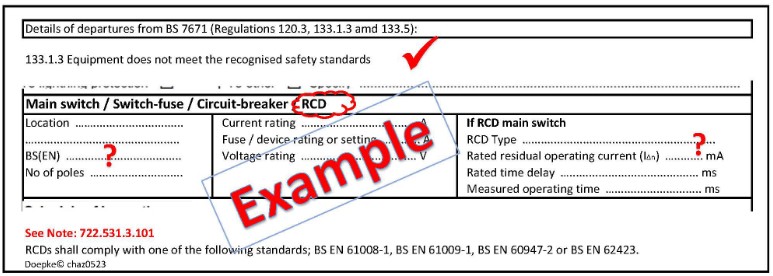 Details of departures from BS 7671